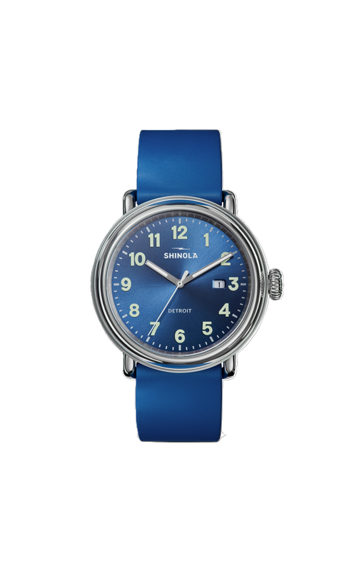 Shinola 41mm Runwell Detrola 3HD With A Sunray Denim Blue Dial, Silver Bezel And A Blue Rubber Strap With Organce Stitching On The Edges Serial# S01 013 01202