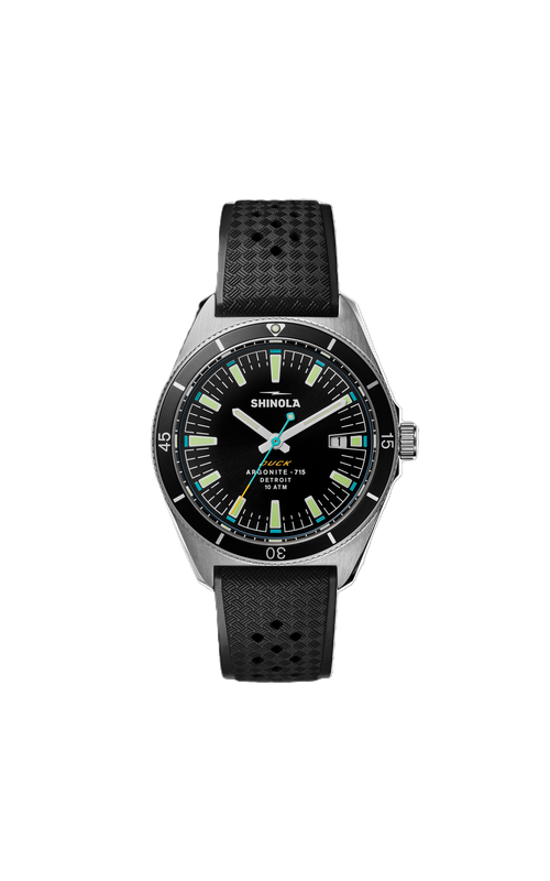 Shinola 40Mm Duck 3Hd Watch With A Black Dial, White Number Markers, White Hands, Date Diplay And Black Textured Rubber Strap. Serial # S01 013 02466