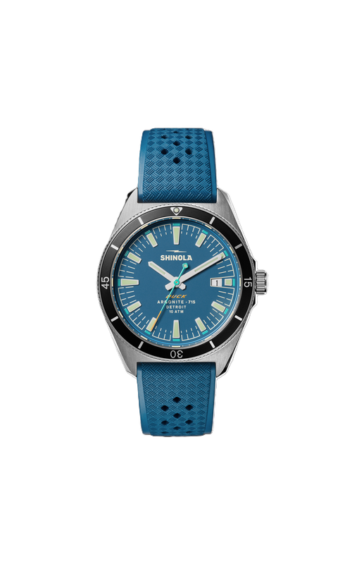 Shinola 40MM Duck 3HD Watch With A Blue Dial, White Number Markers, White Hands, Date Diplay And Blue Textured Rubber Strap. Serial #S01 013 02216