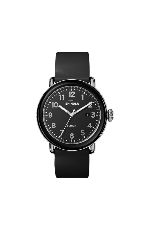 Shinola 41mm Runwell Detrola 3Hd With A Black Dial, Black Ceramic Bezel And A Black Leather Bracelet With An Organce Stitching On The Edges Serial# S01 013 01981