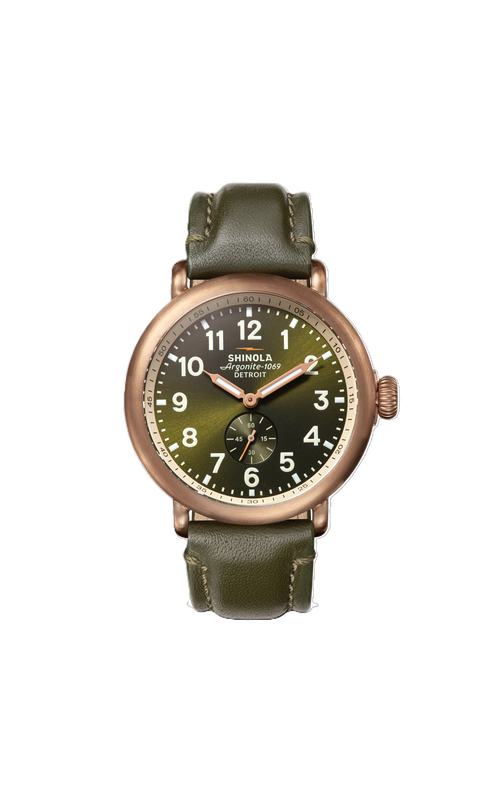 Shinola Bronze Runwell, 43mm Watch With Dark Olive Green Dial. The Dial Has A Seconds Sub-Dial, Bronze Lumen Hands, Arabic Markers. The Case is Satin Finish Bronze with a Dark Olive Green Leather Watch Strap and Bronze Buckle. S01 014 00059