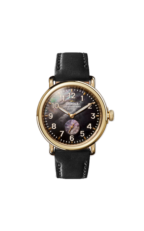 Shinola, Runwell Sub Second, 41Mm With A Round Black Mother Of Pearl Dial With A Yellow Case, With A Black Leather 20mm Strap. Case Serial # S01 012 01060