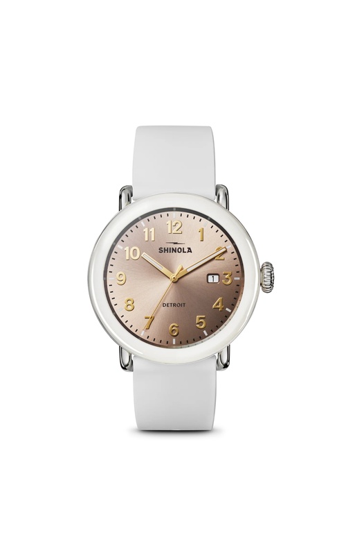Shinola Runwell Detrola 3HD Watch With A 41mm Nude Dial, Yellow Hands And Number Markers, Date Display And Cream Rubber Strap With Orange Detailing Along The Edges. S01 013 01013