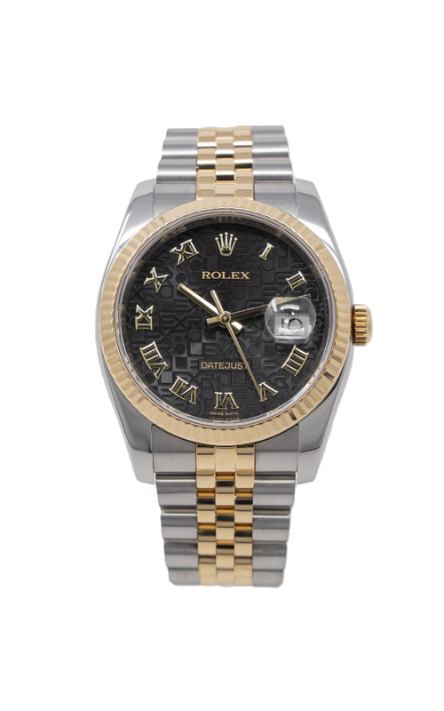 Oyster Perpetual Rolex Datejust, Stainless Steel and 18 karat Yellow Gold, 36mm case size, Yellow Gold Fluted Bezel, Black Jubilee Roman Numeral Dial, Jubilee Bracelet, Original Rolex Box and Papers, Model #116233