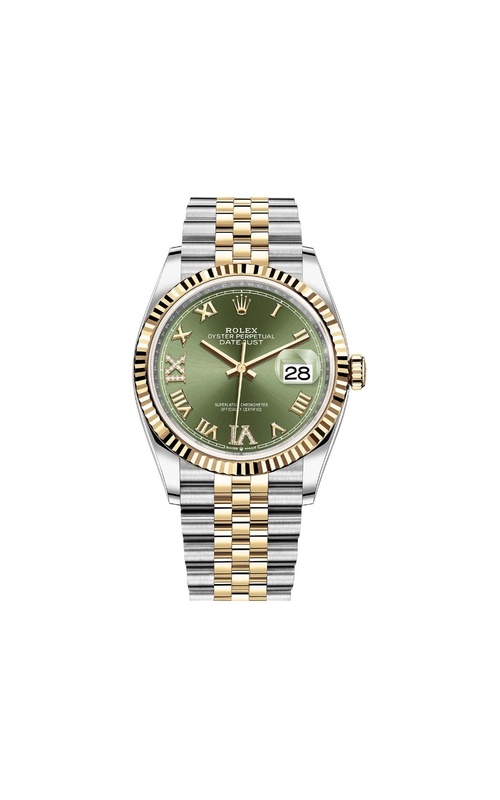 Oyster Perpetual Rolex Datejust, Stainless Steel and 18 karat Yellow Gold, 36mm case size, Yellow Gold Fluted Bezel, Jubilee Bracelet, Green Roman Numeral Diamond Dial, Original Box and Papers Model #126233