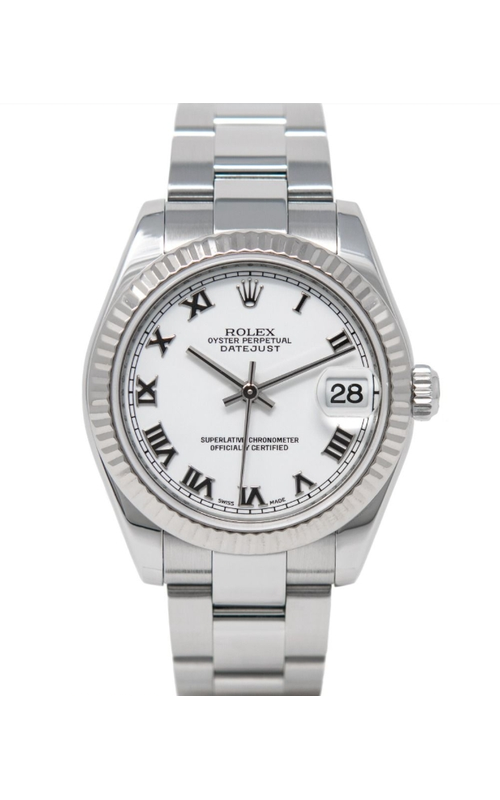 Oyster Perpetual Rolex Datejust, 31mm case size, Stainless Steel and 18 karat White Gold, Oyster Bracelet, Fluted Bezel, White Roman Numeral Dial, Original Box and Card Model #178274