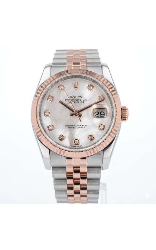 Oyster Perpetual Rolex Datejust, 36mm case size, Stainless Steel and 18 karat Everose Gold, Jubilee Bracelet, Fluted Bezel, Mother of Pearl Diamond Dial, Original Box and Papers Model #116231
