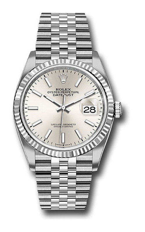 Oyster Perpetual Rolex Datejust, 36mm case size, Stainless Steel and 18 karat White Gold, Fluted Bezel, Jubilee Bracelet, Black Index Dial, Original Rolex Box Model #116234