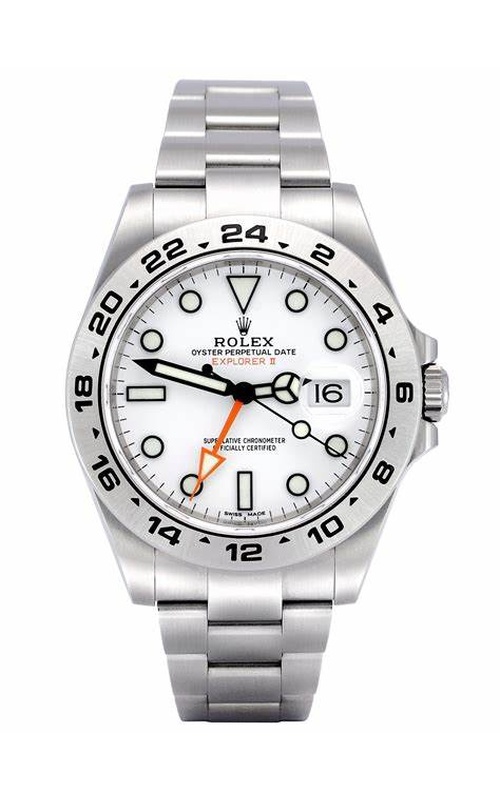 Oyster Perpetual Rolex Explorer II, Stainless Steel 42mm case size, Oyster Bracelet, 24 hour fixed GMT bezel, White Dial with Orange GMT hand, Inner Bezel Engraving, Original Rolex Box and Papers Model #216570