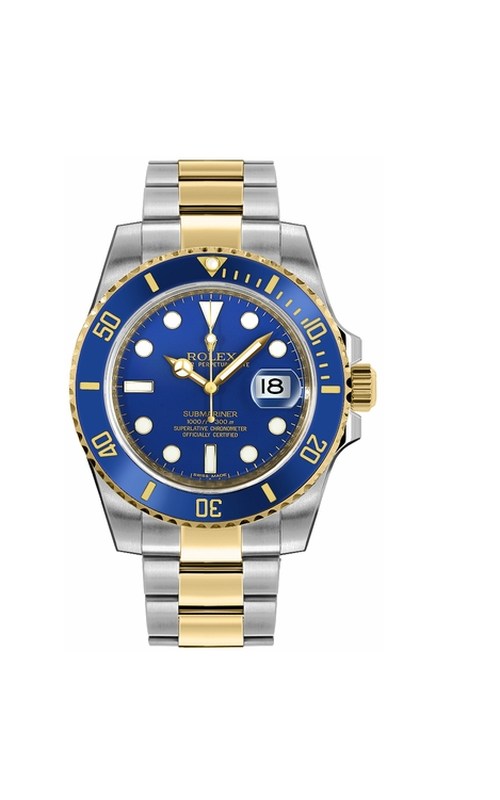 Oyster Perpetual Rolex Submariner, 40mm case size, Stainless Steel and 18 karat Yellow Gold, Oyster Bracelet, Blue Ceramic Bezel, Blue Dial, Original Box and Paperwork Model #116613