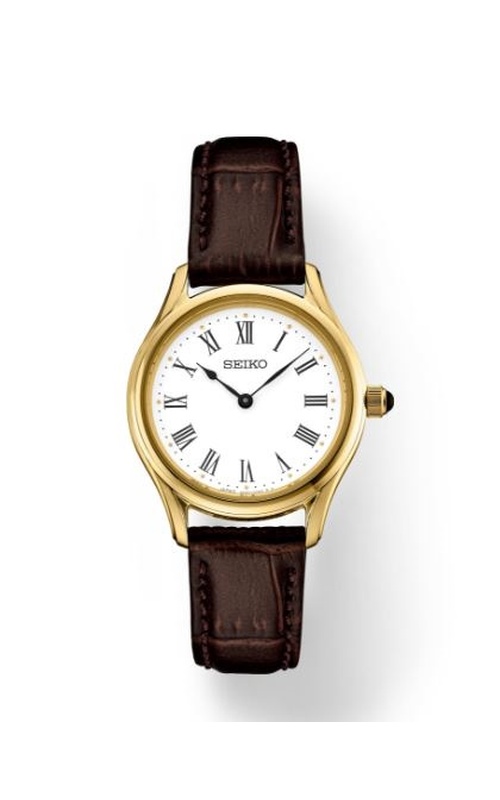 Seiko Watch, From The Essentials Collection With A Round White Dial, With Roman Numerals, Includes A Brown Leather Strap, Classic Cabochon Crown And A Scratch-Resistant Sapphire Crystal. 5 Bar, 50M Water Resistant