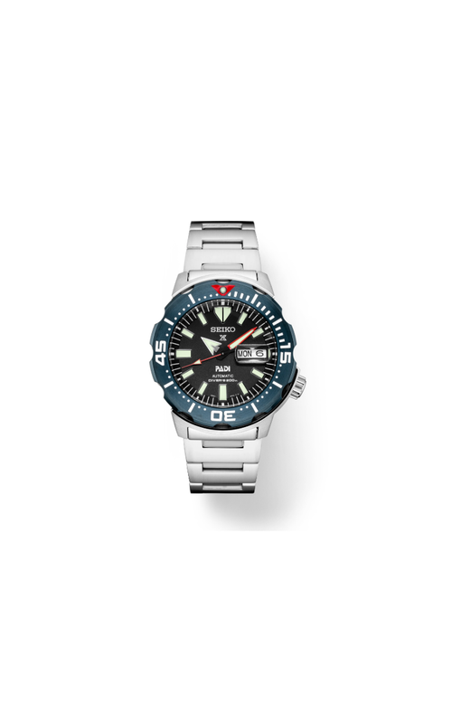 Seiko Prospex Stainless Steel Automatic Divers Watch With A Black Dial, Date Display, Blue Case And Stainless Steel Bracelet.