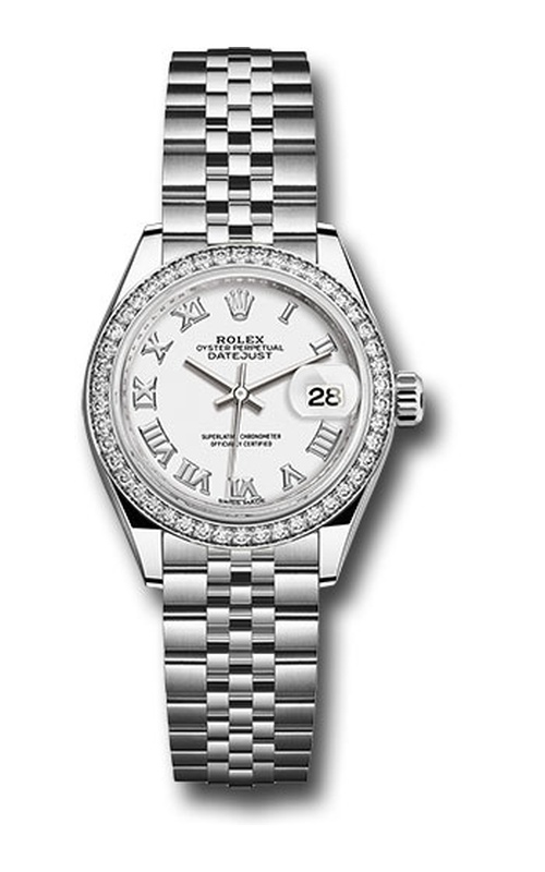 Oyster Perpetual Rolex Datejust, 28mm case size, Stainless Steel, Jubilee Bracelet with Hidden Clasp, 18 karat White Gold Custom Diamond Bezel, White Roman Dial, Original Rolex Box Model #279174