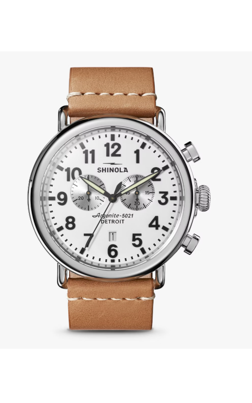 Shinola watch Runwell 47mm Stainless Steel White Dial with Silver Sub Dials with Brown Leather Strap Serial #S01 013 00147