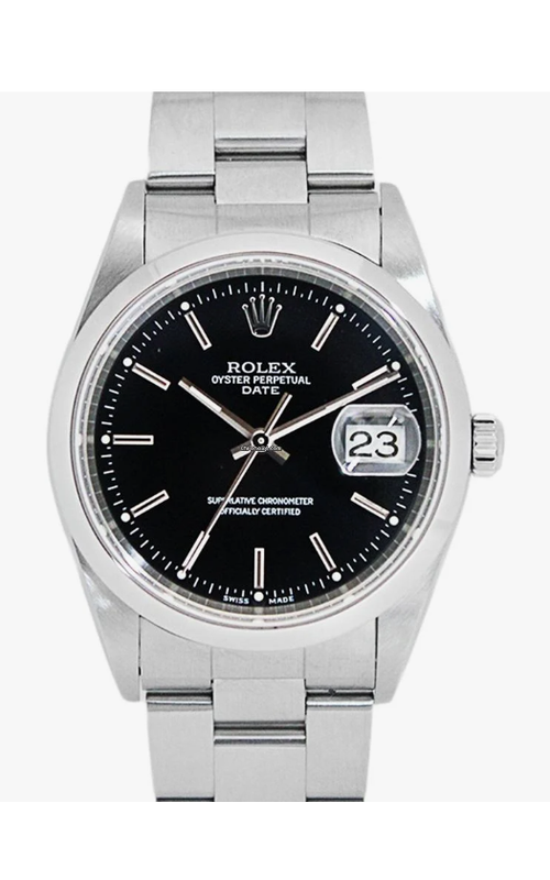 Oyster Perpetual Rolex Datejust, Stainless Steel, 34mm case size, Oyster Bracelet, Smooth Bezel, Black Index Dial, Original Box and Papers Model #15200