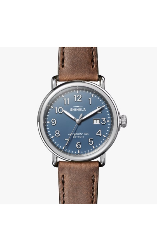 Shinola 41Mm Runwell 3Hd Watch With A Blue Dial, White Number Markers, Date Dispayed On Dial And British Tan Leather Strap With Dark Brown Stitching. Serial # S01 007 04823
