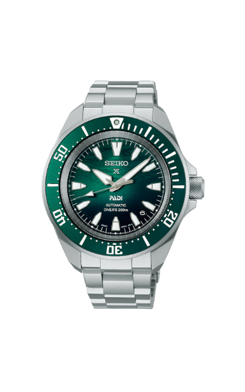 Seiko Stainless Steel Prospex Diver Automatic Watch With A Green Dial, Green Bezel, Date Display And Stainless Bracelet