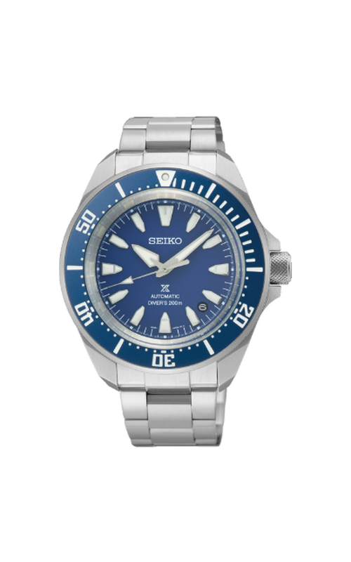 Seiko Stainless Steel Prospex Diver Automatic Watch With A Blue Dial, Blue Bezel, Date Display And Stainless Bracelet.