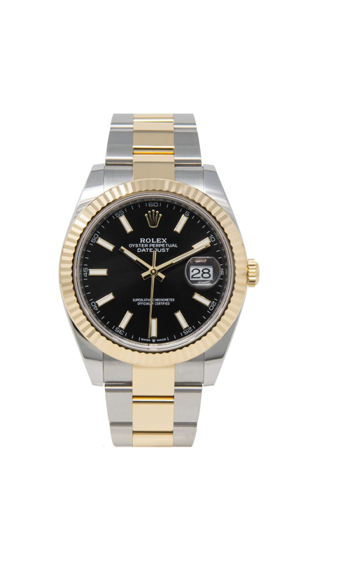 Oyster Perpetual Rolex Datejust, Stainless Steel and 18 karat Yellow Gold, 41mm case size, Yellow Gold Fluted Bezel, Oyster Bracelet, Black Index Dial, Original Rolex Box Model #126333