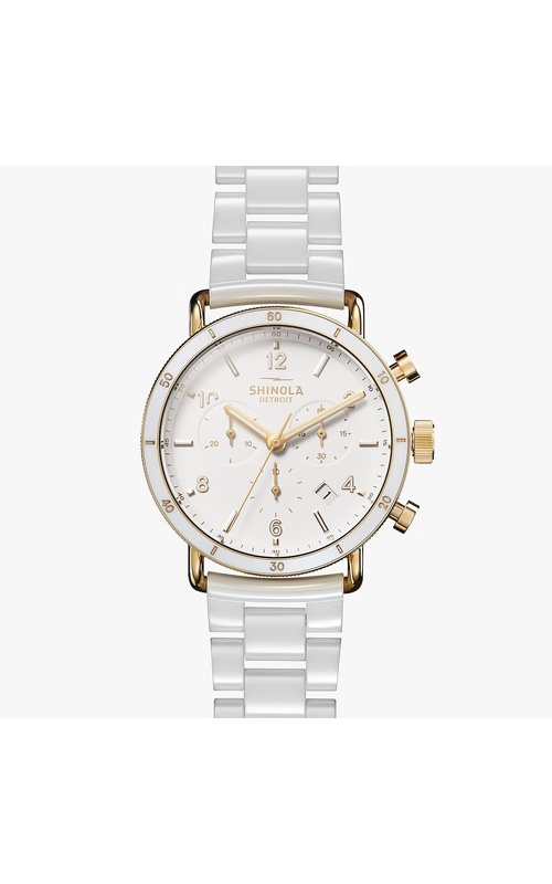 Shinola Canfield Sport 40mm White Ceramic with Polished Yellow PVD White Chrono Dial with Ceramic Bracelet