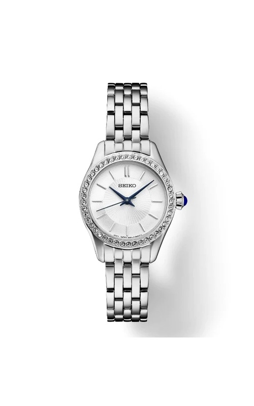 Seiko Essentials Quartz Silver Tone Bracelet White Dial Stainless Steel Case With Crystals Around Dial