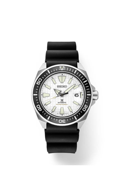 Gents, Automatic, Seiko Watch, With A Round Off White Grid Dial, Black Rotating Frame, Stainless Steel Screw Down Case, And Rubber Strap