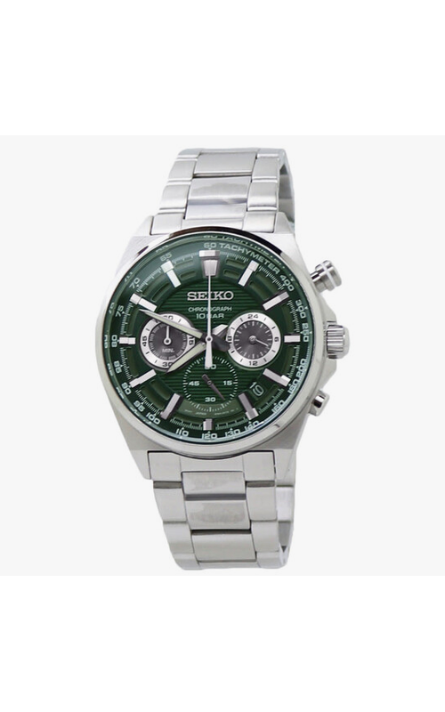 Seiko Essentials Stainless Steel Chronograph Watch With A Quartz Movement And Green Dial