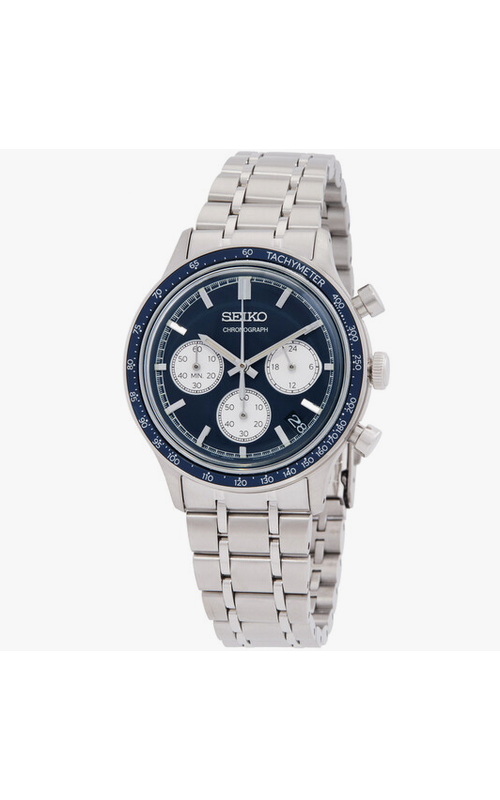 Seiko Essentials Stainless Steel Chronograph Watch With A Quartz Movement And A Blue Dial