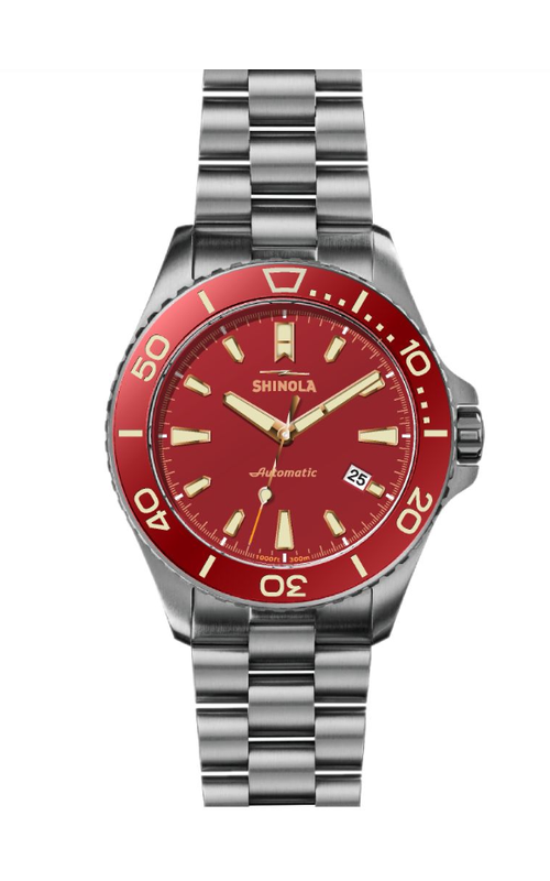 Shinola Lava Lake Monster Wrist Watch Gift Set, Titanium 43mm case, Red Bezel, Cardinal Red Dial, Automatic Movement, Titanium Bracelet
