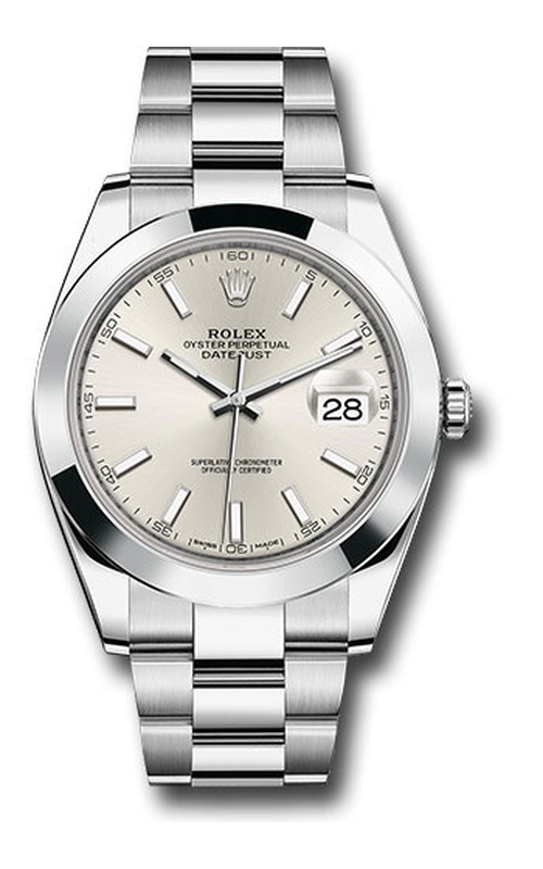 Oyster Perpetual Rolex Datejust, 41mm case size, Stainless Steel, Oyster Bracelet, Smooth Bezel, Silver Index Dial, Original Box and Papers Model #126300