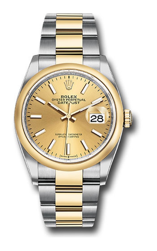 Oyster Perpetual Rolex Datejust, 36mm case size, Stainless Steel and 18 karat Yellow Gold, Smooth Bezel, Oyster Bracelet, Champagne Index Dial, Original Rolex Box Model #16203