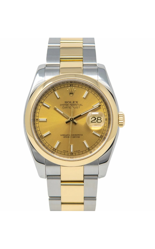 Oyster Perpetual Rolex Datejust, 36mm case size, Stainless Steel and 18 karat Yellow Gold, Smooth Bezel, Oyster Bracelet, Champagne Index Dial, Original Rolex Box Model #16203