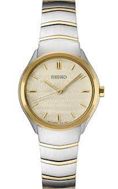 Seiko Essentials Watch, With A Round Champagne Dial, High Polish Markers And Two Tone Link Style Bracelet