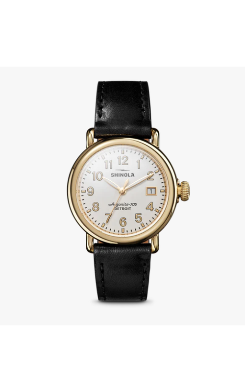 Shinola 36Mm Runwell 3Hd Gold Pbd Watch With An Alabaster Dial And Black Leather Band