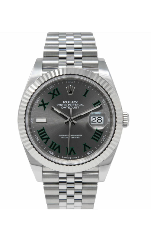 Oyster Perpetual Rolex Datejust, 41mm case size, Stainless Steel and 18 karat White Gold, Jubilee Bracelet with Oyster Buckle, Wimbleton Roman Dial, White Gold Fluted Bezel, Original Box and Papers Model #126334