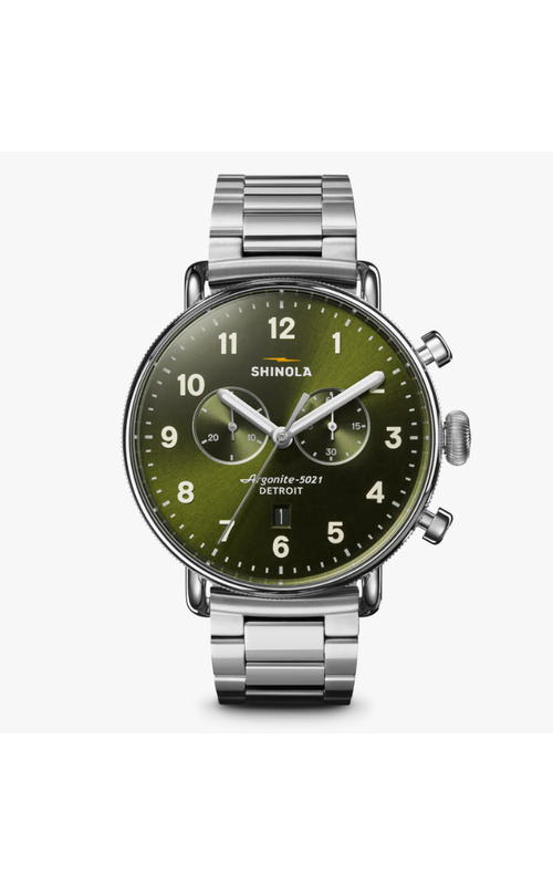 Shinola 43Mm Stainless Steel Canfield Two Eye Chronograph With A Dark Olive Dial And Stainless Dial With Brushed Center And Polished Edges