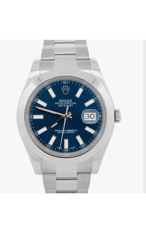 Oyster Perpetual Rolex Datejust, Stainless Steel, 41mm case size, Oyster Bracelet, Smooth Bezel, Blue Index Dial, Original Rolex Box and Card Model #116300