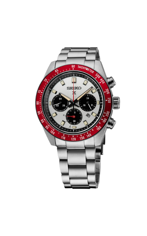 Seiko Prospex Speedtimer Stainless Steel Solor Chronograph Watch With A White Dial And Red Dial Accents. The Bracelet Is A Polished Stainless Steel. The Set Comes With A Black Leather Band And Red Stitching Accents.