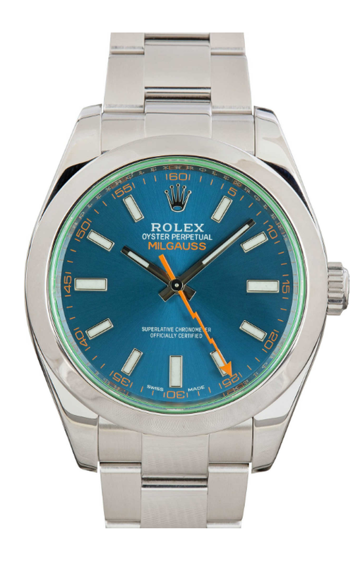 Oyster Perpetual Rolex Milgauss, Stainless Steel, 40mm case size, Oyster Bracelet, Smooth Bezel, Blue Index Dial, Green Sapphire Crytsal, Original Box and Papers Model #116400GV