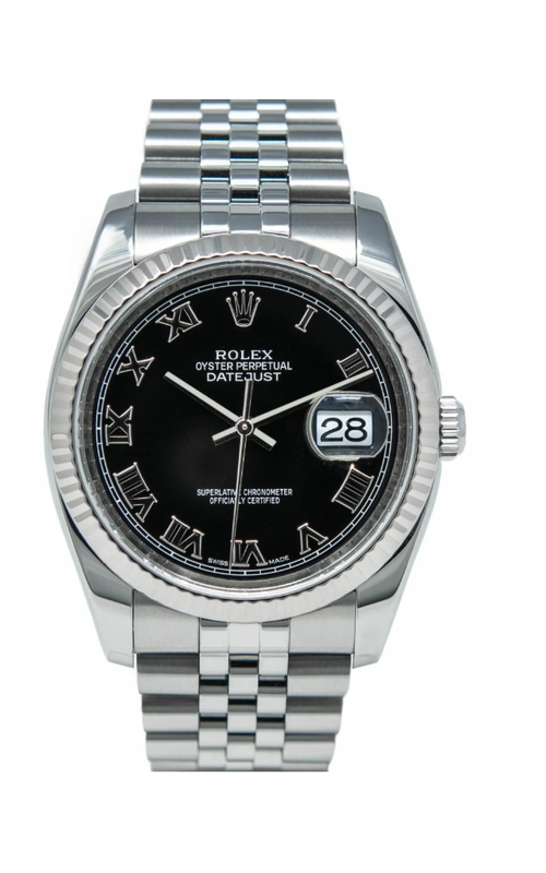 Oyster Perpetual Rolex Datejust, 36mm case size, Stainless Steel and 18 karat White Gold, Jubilee Bracelet with hidden clasp, White Gold Fluted Bezel, Black Roman Numeral Dial, Original Rolex Box Model #116234
