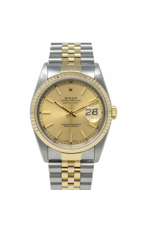 Oyster Perpetual Rolex Datejust, 36mm case size, Stainless Steel and 18 karat Yellow Gold, Jubilee Bracelet, Yellow Gold Fluted Bezel, Champagne Index Dial, Original Box and Card Model #16233