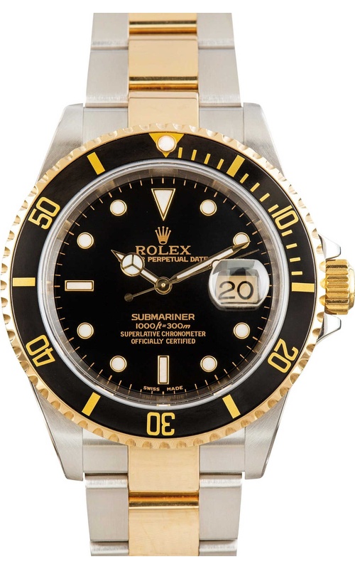 Oyster Perpetual Rolex Submariner, Stainless Steel and 18 karat Yellow Gold, 40mm case size, Oyster Bracelet, Black Dial, Black Insert Bezel, Original Rolex Box Model #16613
