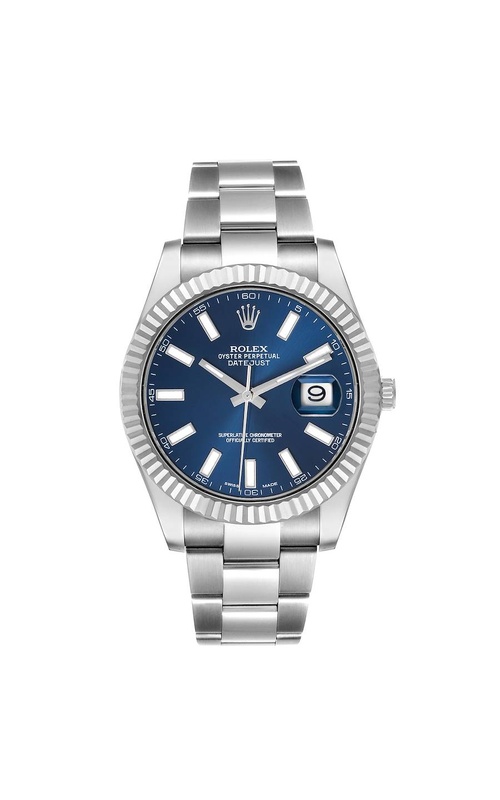 Oyster Perpetual Rolex Datejust, Stainless Steel and 18 karat White Gold, 41mm case size, Oyster Bracelet, White Gold Fluted Bezel, Blue Index Dial, Original Rolex Box and Card Model #116334