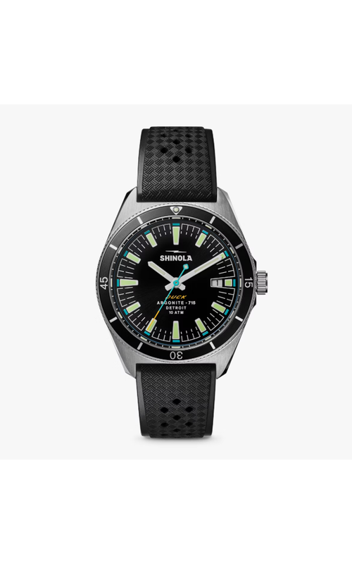 Shinola 40Mm Duck 3Hd Watch With A Black Dial, White Number Markers, White Hands, Date Diplay And Black Textured Rubber Strap. Serial # S01 013 01085