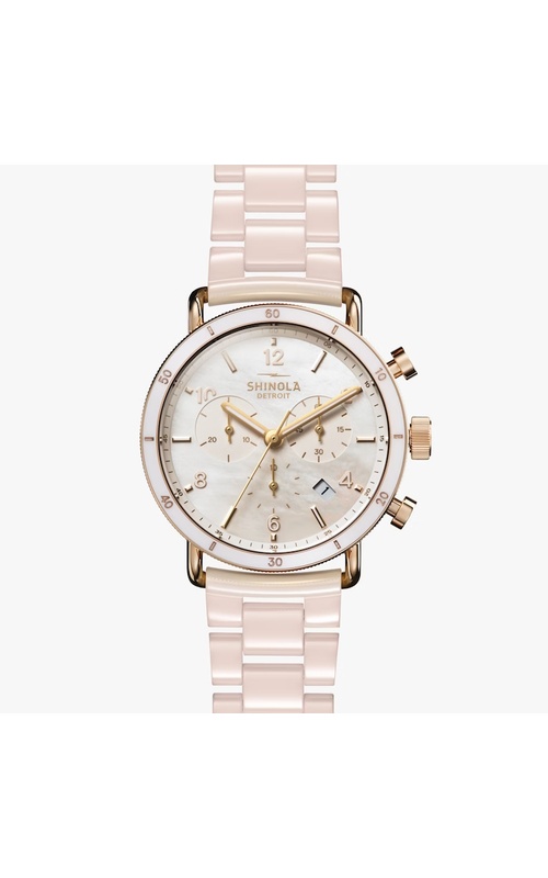 Shinola Canfield Sport Chronograph 40mm Mother-Of-Pearl Dial, Blush Ceramic Bracelet, And Champagne Gold Accents Serial #S01 009 01698