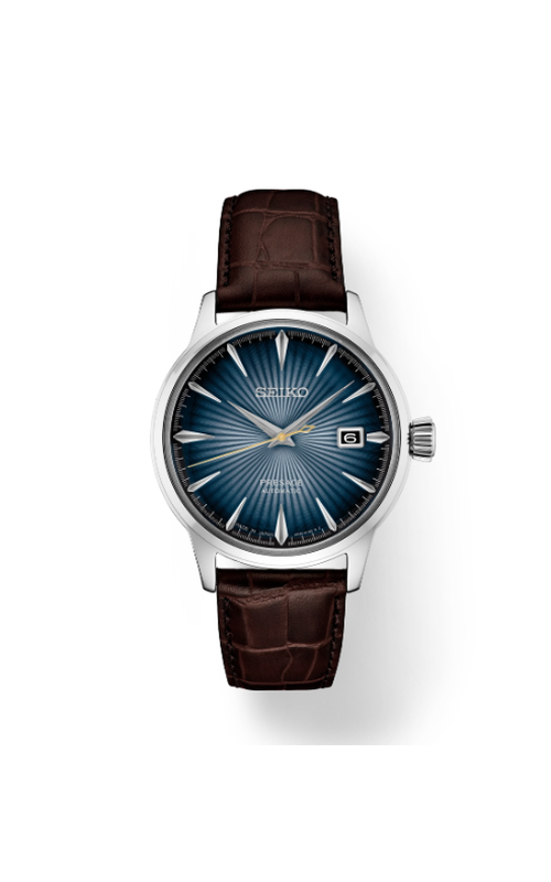 Seiko Stainless Steel Presage Cocktail Time Automatic Watch With A Blue Starburst Dial, Date Display And Brown Leather Strap.