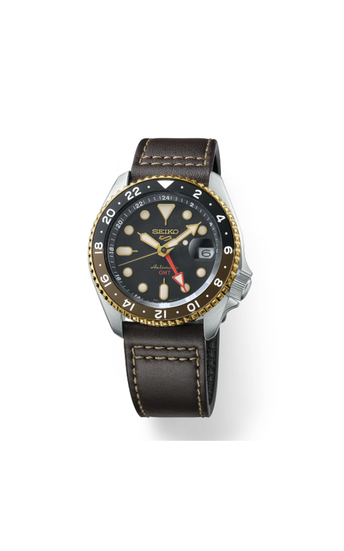Seiko Five Sport Stainless Steel Two Tone Automatic Gmt Watch With A Black Dial, Date Display And Brown Leather Strap
