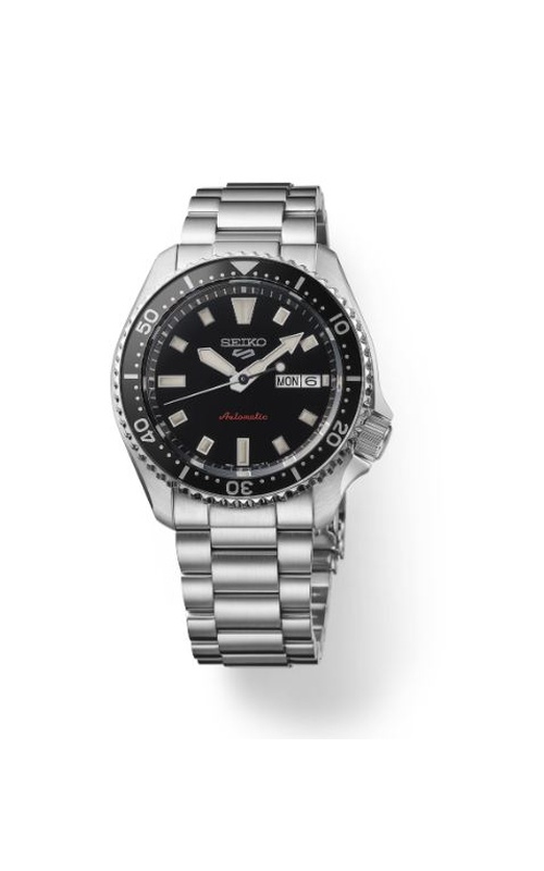 Seiko 42.5mm Stainless Steel 5 Sports Automatic Watch With A Black Dial, Black Bezel, Date Display And Stainless Bracelet.