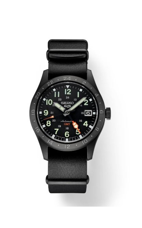 Seiko 5 Sports Field Automatic Gmt With Manual Winding Capability. Black Dial With Date, Calendar, Luminous Hands And Markers. Featuring A Black Bezel and Black Leather Strap