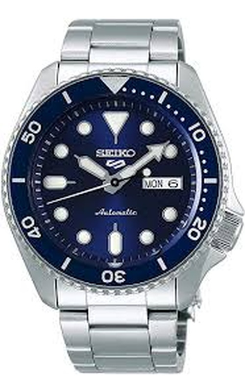Seiko, Automatic Watch, With A Round Navy Blue Dial, Day/Date Function, White Markers, With A Screw Down Crown, Stainless Link Style Bracelet